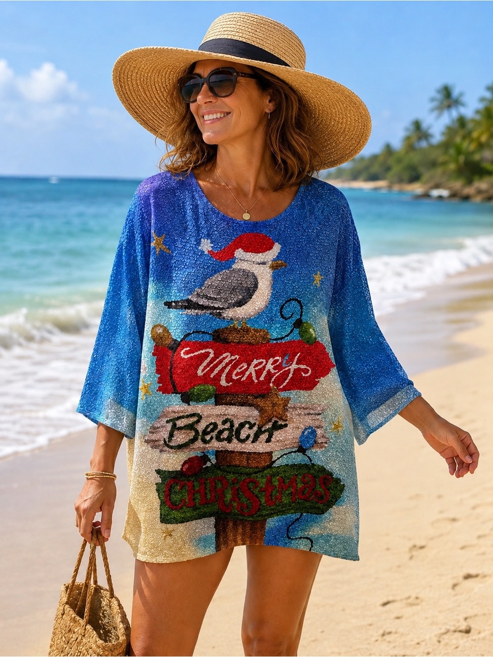 Berek Lighyweight Beach Christmas Pullover Tunic Merry Beach Christmas Size L
